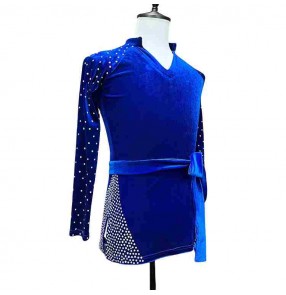 Royal blue velvet rhinestones ballroom latin dance shirts for boys kids long sleeves competition salsa rumba chacha performance tops 